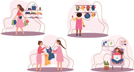 Shopping people illustration set. Characters newly bought goods clothes, The joy of Shopping.