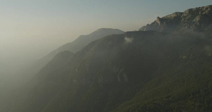 Aerial view of Mount Terminio peak at sunset from Ripe della Falconara lookout, Serino, Campania, Avellino, Italy.