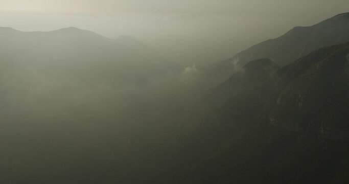 Aerial view of a mountain landscape from Ripe della Falconara lookout on Mount Terminio, Serino, Campania, Avellino, Italy.
