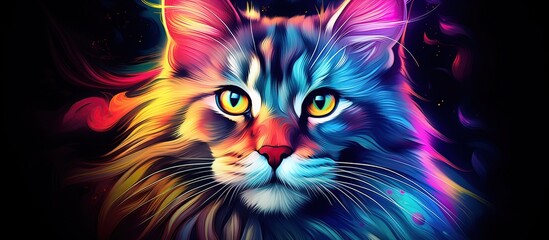 Abstract 3d colorful hologram cat animal drawing in dark background. AI generated - obrazy, fototapety, plakaty