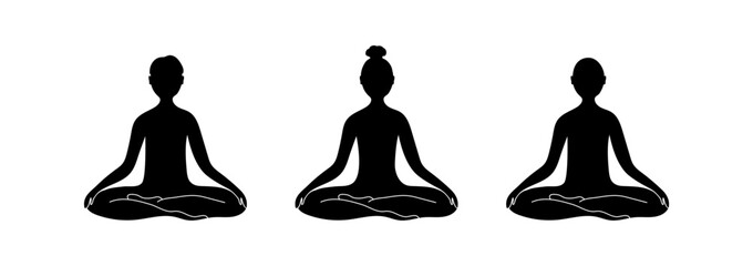 Set of 3 yoga icons with people's silhouettes sitting in lotus poses. Meditating symbol isolated on white background. Vector illustration for logo - obrazy, fototapety, plakaty