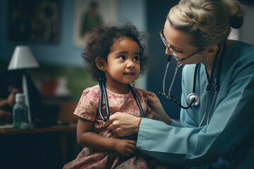 A male and female doctor are examining a young child. A paediatrician at work. Caring for the health of children and people. Medical background, the concept of painless treatment.