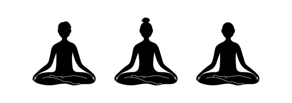 Set of 3 yoga icons with people's silhouettes sitting in lotus poses. Meditating symbol isolated on white background. Vector illustration for logo