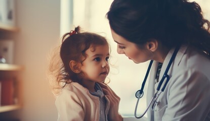 A male and female doctor are examining a young child. A paediatrician at work. Caring for the health of children and people. Medical background, the concept of painless treatment. - obrazy, fototapety, plakaty