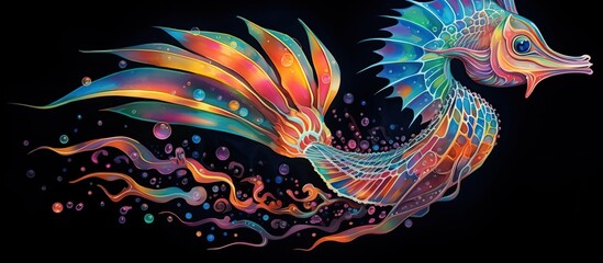 Abstract 3d colorful hologram seahorse animal drawing in dark background. AI generated
