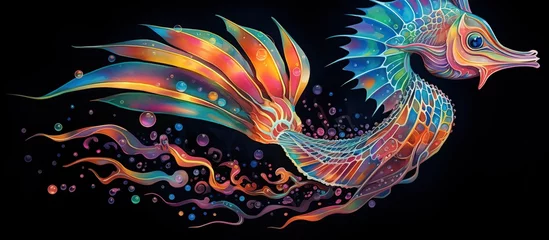 Rolgordijnen Abstract 3d colorful hologram seahorse animal drawing in dark background. AI generated © orendesain99