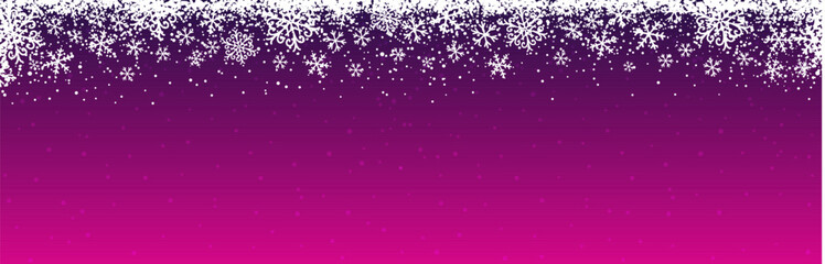 Purple christmas banner with white snowflakes. Merry Christmas and Happy New Year greeting banner. Horizontal new year background, headers, posters, cards, website. Vector illustration