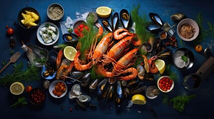 cook natural food blue top view illustration sea sea, meal steamed, background restaurant cook...