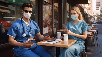 Medical workers - doctors, nurses in everyday life. Medical staff in a cafe, store, on a lunch break in public places. - obrazy, fototapety, plakaty