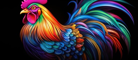 Abstract 3d colorful hologram rooster animal drawing in dark background. AI generated - obrazy, fototapety, plakaty