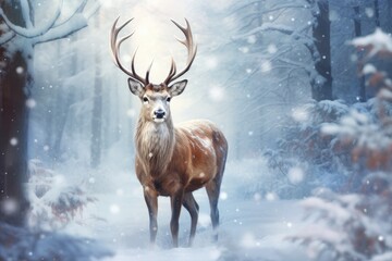 Majestic male deer in snowy forest. Winter nature scene, Noble deer male in winter snow forest. Artistic winter christmas landscape., AI Generated