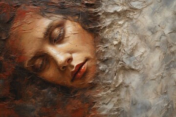 Artistic portrait of a beautiful young woman with smeared face and eyes closed, Oil paint with a...