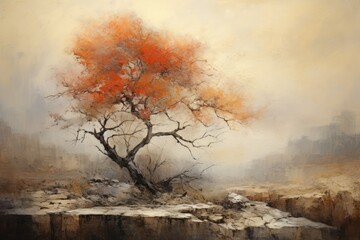 Autumn landscape with a tree in the fog. Digital painting, Oil paint with a high textured texture,...