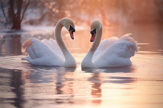Swans in love swimming in the lake. Generative Ai