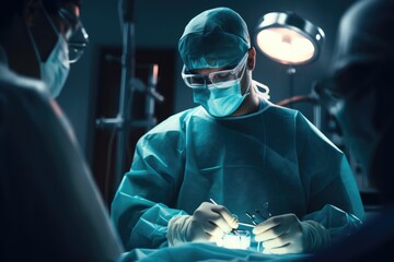 Doctors in a protective mask and gloves stands in the operating room. Doctor is performing a...