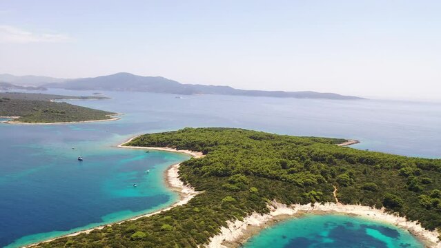 Aerial view of Korcula island with white cliffs coastline on the Adriatic Sea, Croatia.