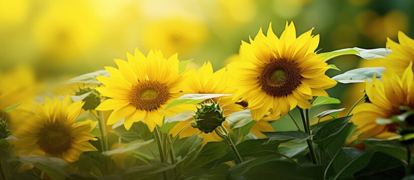 In the mesmerizing summer garden the vibrant green leaves and the beautiful yellow sunflowers with their delicate petals sway gracefully under the warm sun creating a stunning natural backgr