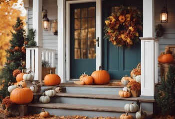 Cute and cozy cottage with fall decorations pumpkins on the porch and a wreath