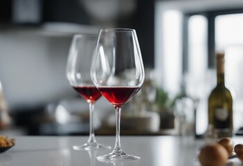 Flight of wine for tasting on counter in a white kitchen