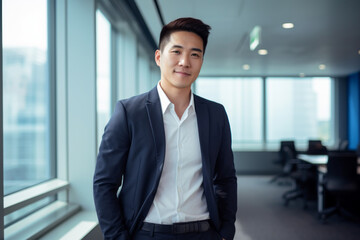 Hombre joven asiático emprendedor al frente de su esmpresa. 