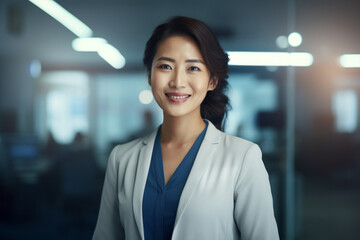 Mujer joven asiática emprendedora sonriente. 