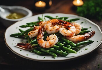 Grilled shrimp with green beans on a plate served with white wine