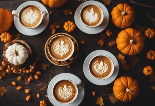 Pumpkin lattes with latte art top view with little pumpkins