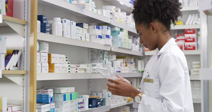 Pharmacist, woman and tablet by shelf for medicine research, stock inventory and planning medical sales or profit. Pharmacy doctor with pills bottle, drugs and digital technology for retail checklist