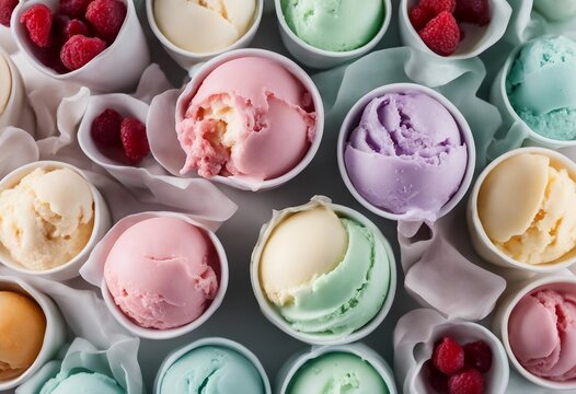 Variety of ice cream flavors in cups overhead on white
