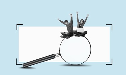 A young person sitting on magnifying glass. Searching for information