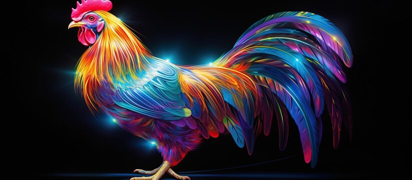 Abstract 3d colorful hologram rooster animal drawing in dark background. AI generated