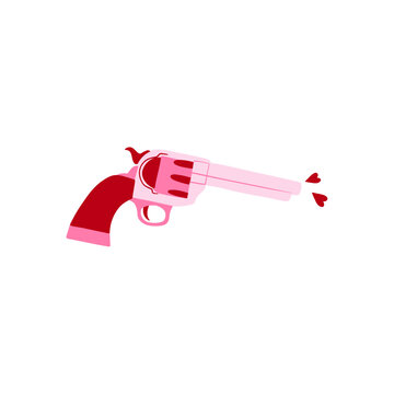 Pink cowgirl gun. Wild west, western theme. Revolver shoots with a heart. Hand drawn isolated vector design