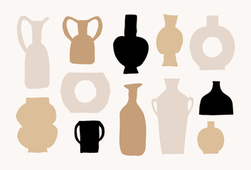 Vector hand-drawn trendy clay pots, vases, jugs, jars collection.  Neutral colors ceramics design elements, pottery logo illustrations.  - 674774286