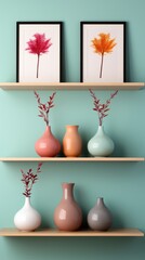 Stylish Vases and Frame on Pastel Shelves