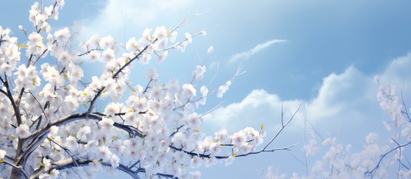 In the stillness of spring against the backdrop of a clear blue sky the blossoming tree branches paint a picturesque landscape symbolizing the vibrant beauty of life