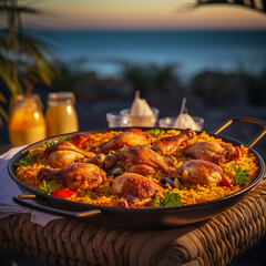 Chicken paella outdoors, on the beach