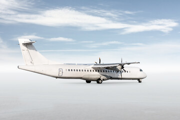White passenger turboprop airplane isolated on bright background with sky
