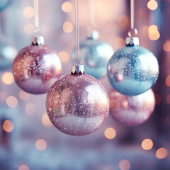 Obraz na płótnie Canvas Blue and Pink Sparkle Glittery Baubles Hanging on Tthe Blurry Bokeh Christmas Backround