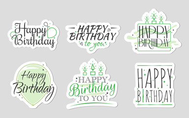 Set of Happy Birthday green stickers with signs - obrazy, fototapety, plakaty