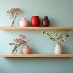 Chic Floating Shelves with Pastel Vases and Dried Flowers