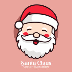 Merry Christmas with a cute and happy Santa Claus head in cartoon style. Isolated vector illustration in flat design