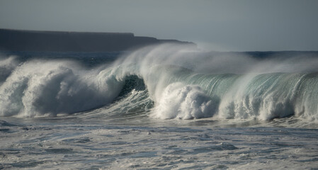 Close up. Big waves in Quintanilla. Arucas coast. Gran Canaria. Canary islands. Spain