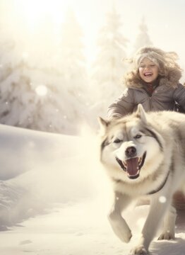 Caucasian Girl Dog Sledding In Snow At Christmas Setting Generative AI
