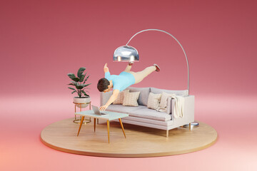 businessman floating in air gets sucked into pc display; surreal stress immersion and virtual reality concept; isolated living room on infinite background; 3D Illustration