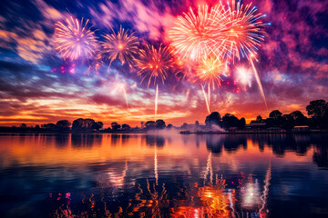 colorful new year's eve fireworks in the sky over a lake. AI generated - obrazy, fototapety, plakaty