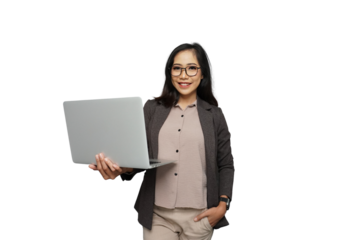 Beautiful Young Asian Businesswoman with Laptop Cutout Isolated Background