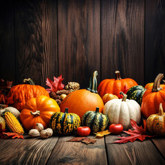 Autumn background frame of fall harvest on aged wood with copy space