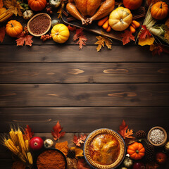 Autumn background frame of fall harvest on aged wood with copy space