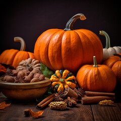 Autumn background frame of fall harvest on aged wood with copy space