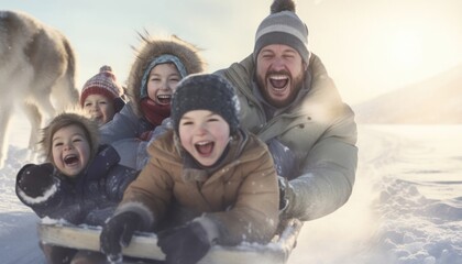 Caucasian Family Sledding In Snow At Christmas Backdrop Generative AI